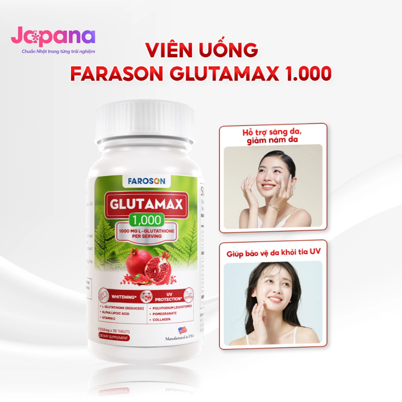 Viên uống chống nắng, dưỡng trắng da Faroson Glutamax 1000 - Hộp 30 viên