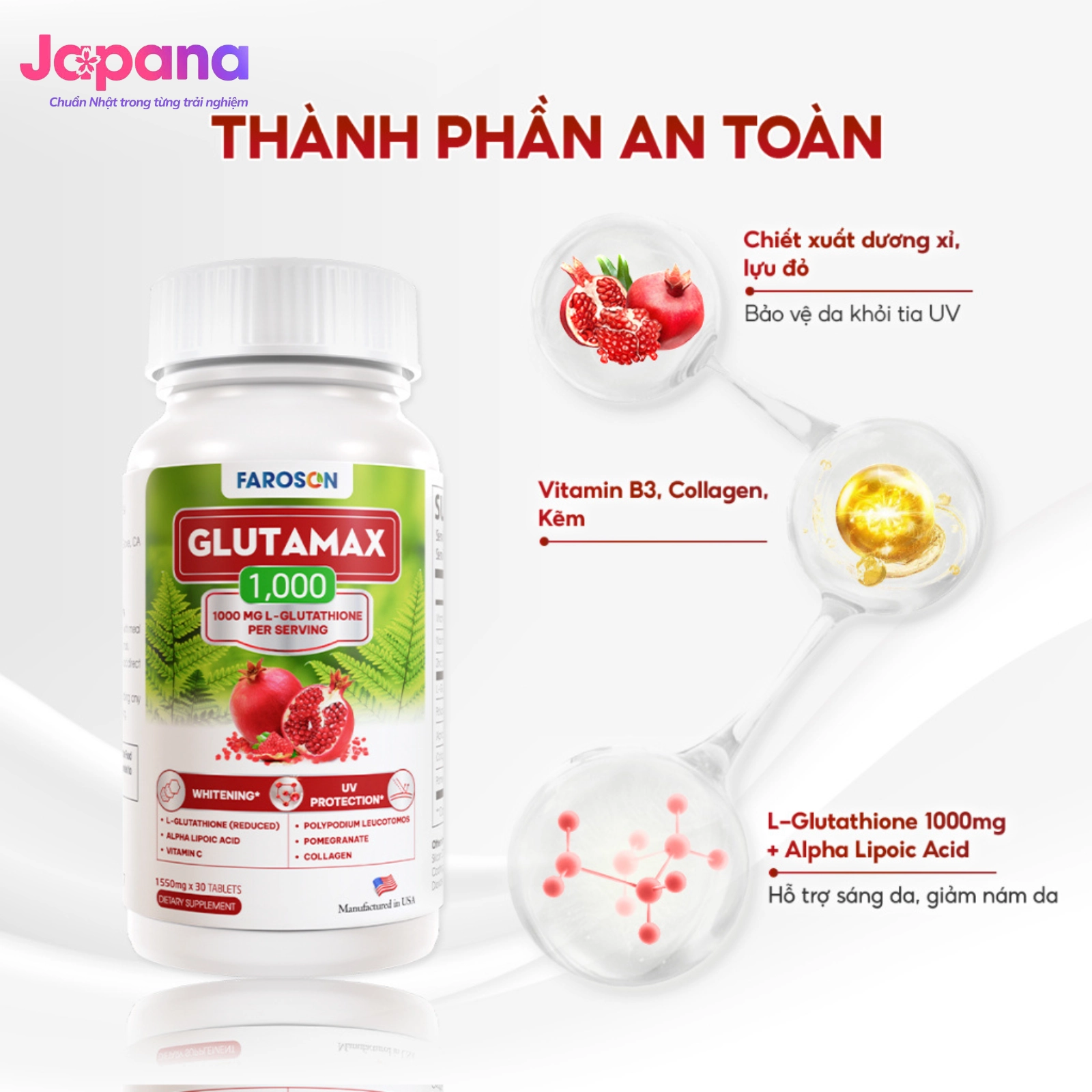 Viên uống chống nắng, dưỡng trắng da Faroson Glutamax 1000 - Hộp 30 viên