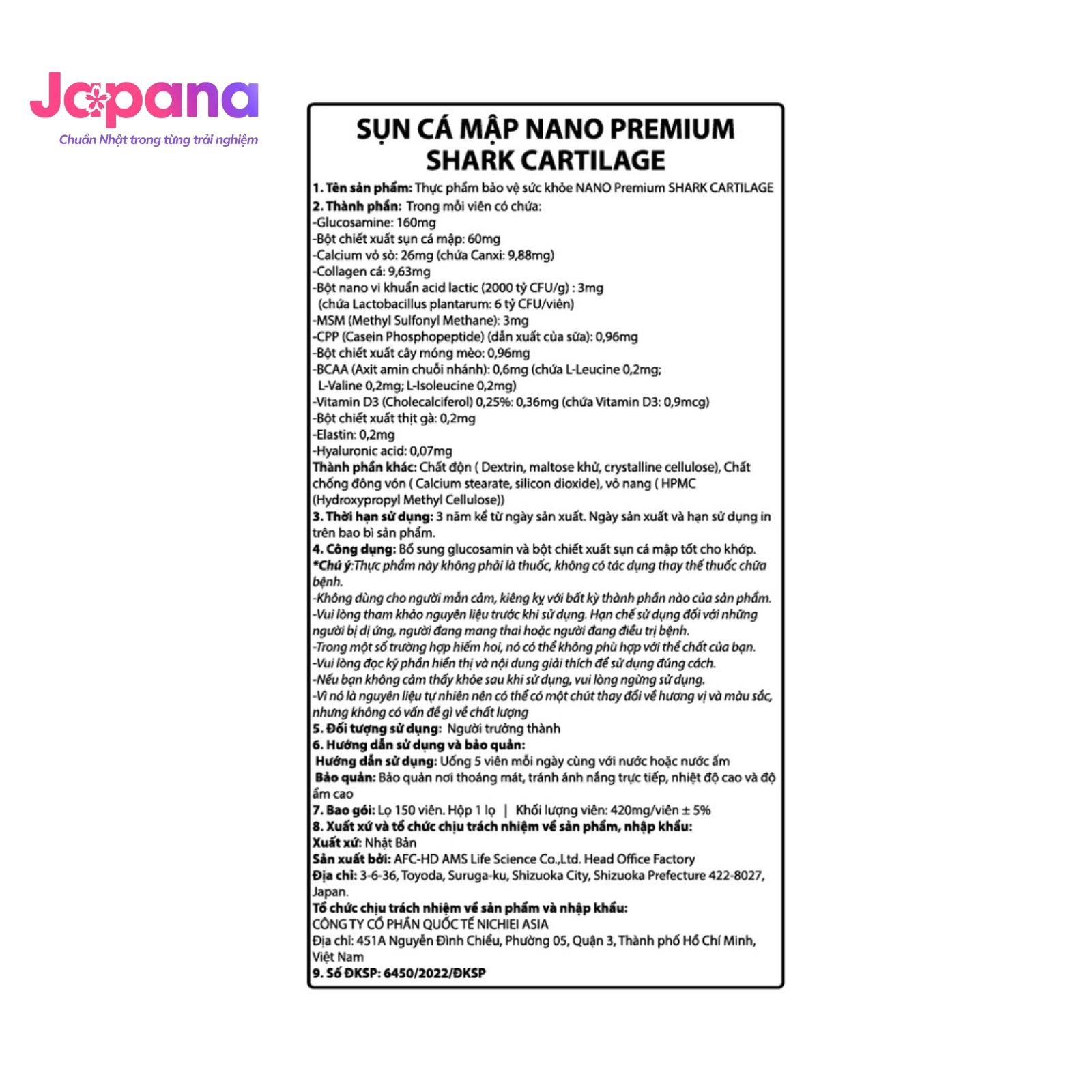 Viên uống bổ xương khớp Nichiei Bussan Nano Premium Shark Cartilage 150 viên