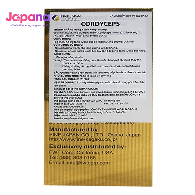Viên uống đông trùng hạ thảo tăng cường hệ miễn dịch, cải thiện trí nhớ Fine Japan Cordyceps - 120 viên