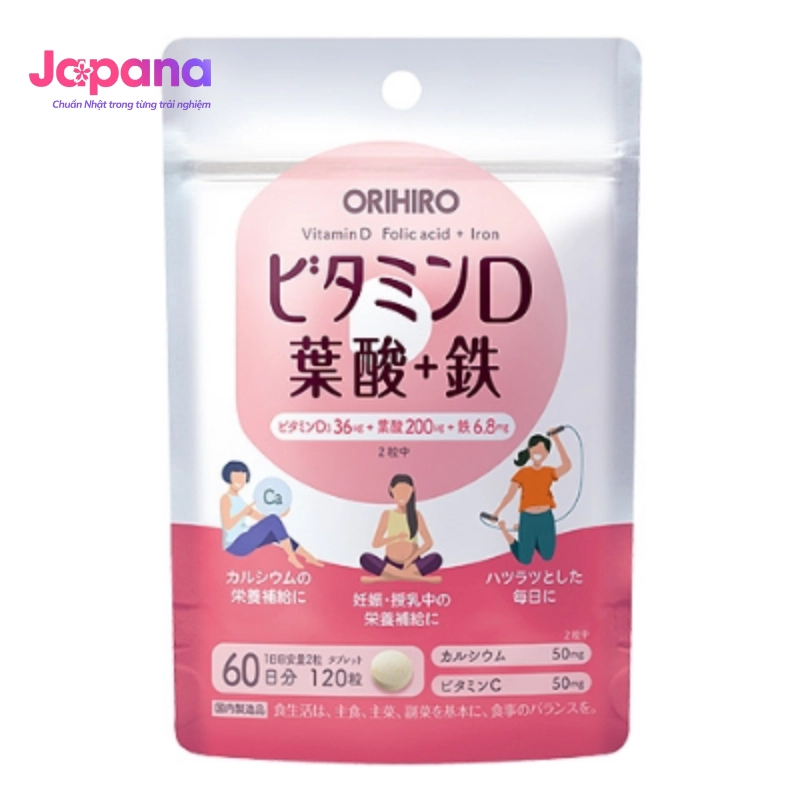 Viên uống bổ sung Vitamin D Axit Folic Sắt Orihiro 120 viên
