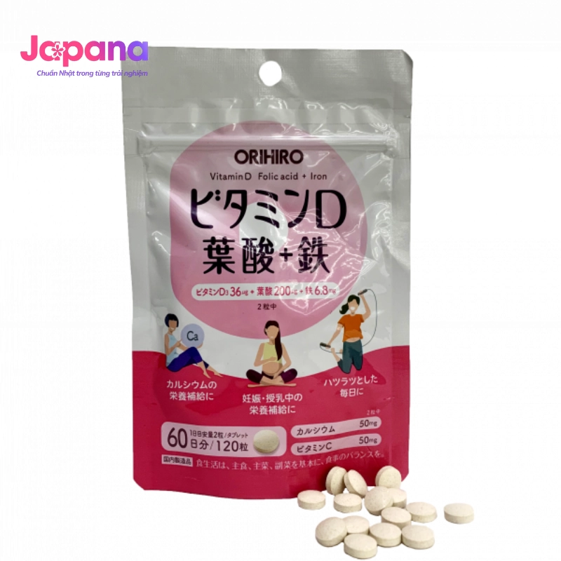 Viên uống bổ sung Vitamin D Axit Folic Sắt Orihiro 120 viên
