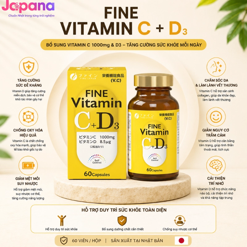 Thực phẩm bổ sung Vitamin C + D Fine Japan 60 viên - Date 01/2027