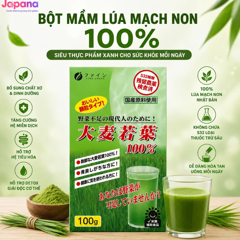 Bột hỗ trợ bổ sung chất xơ và rau xanh Cỏ Lúa Mạch Fine Japan 100% - 100g - Date 01/2027