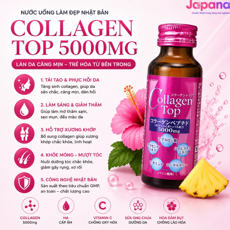 Nước uống Collagen Shinnippai Top 5.000mg (Hộp 10 chai x 50ml)