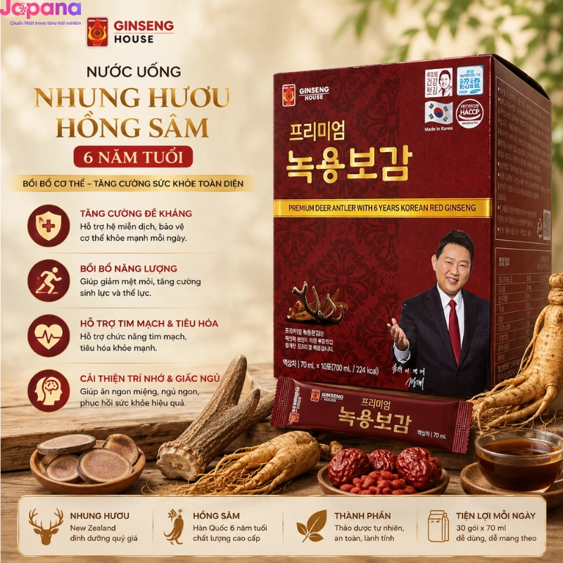 Nước uống chiết xuất nhung hươu và hồng sâm Hàn Quốc 6 năm tuổi Ginseng House (Hộp 30 gói x 70ml)