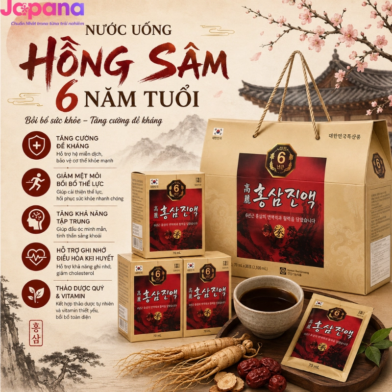 Nước chiết xuất hồng sâm Hàn Quốc 6 năm tuổi Ginseng House (Hộp 30 gói x 70ml)