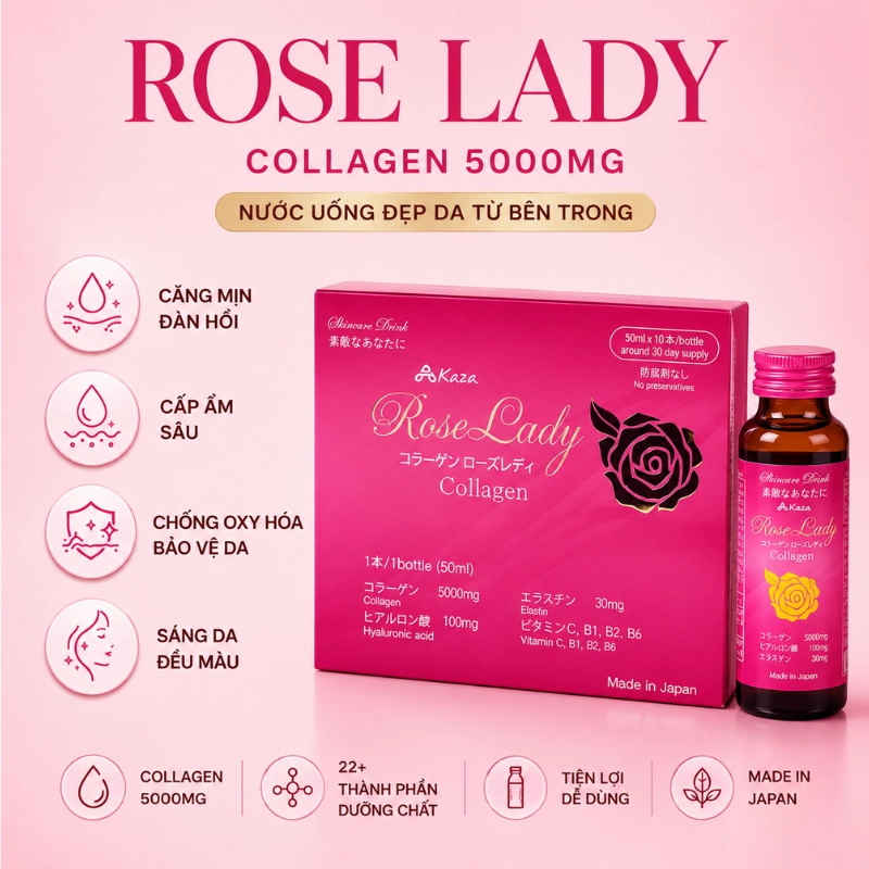 Nước uống Collagen Kaza Rose Lady 5000mg (Hộp 10 chai x 50ml)