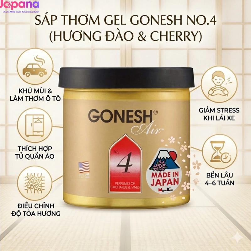 Gel thơm cho xe ô tô Nippon Kodo Gonesh Air No.4 78g (Hương đào và cherry)