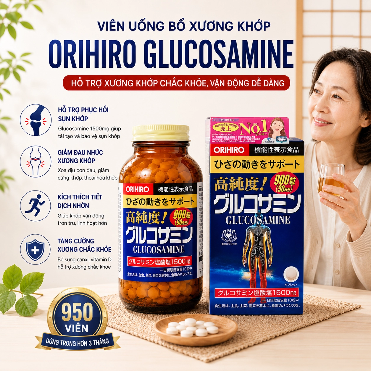 Combo hỗ trợ tim khớp Viên uống Orihiro Omega-3 180 viên + Viên uống Orihiro Glucosamine 950 viên