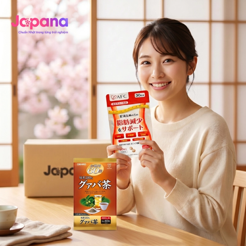 Combo hỗ trợ giảm cân Trà ổi Orihiro 60 gói + Viên uống AFC Ellagic Acid 60 viên