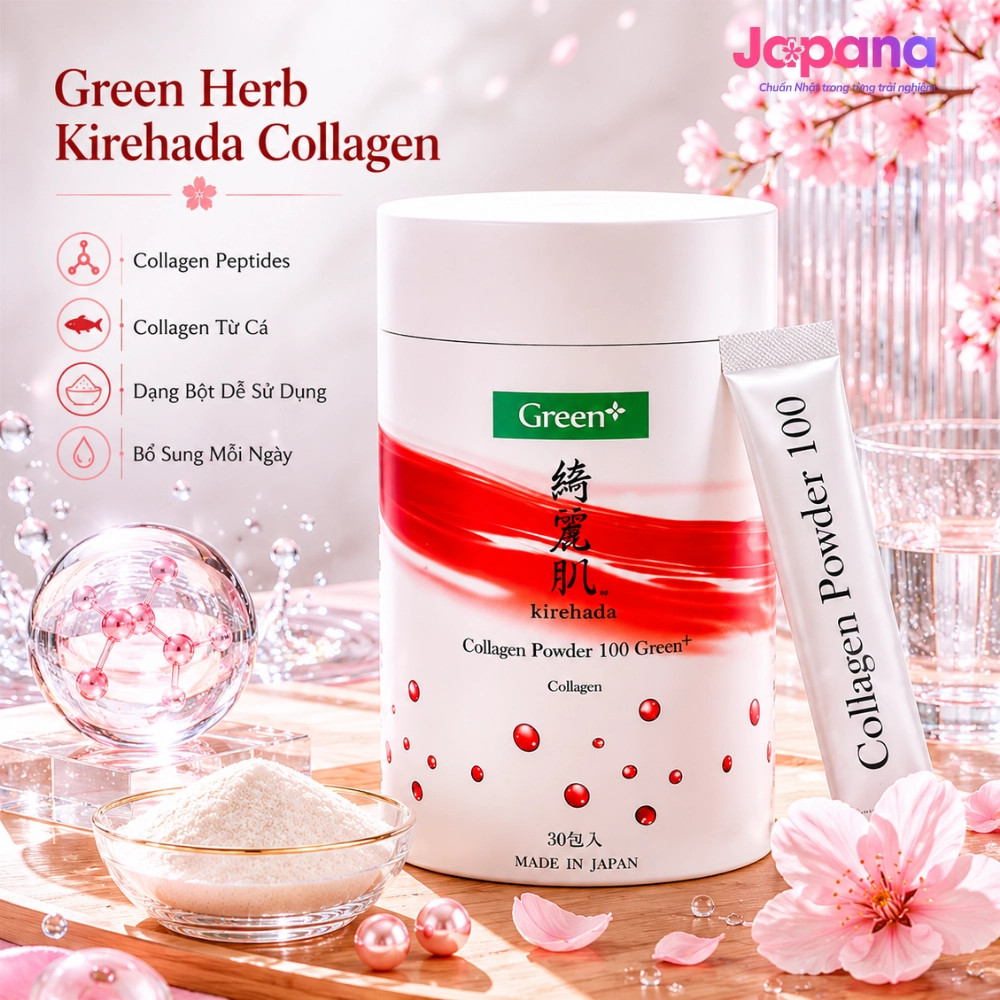 Bột Collagen Green Herb Kirehada Collagen Powder 100 Green+ (Hộp 30 gói x 5g) - Date 12/2026