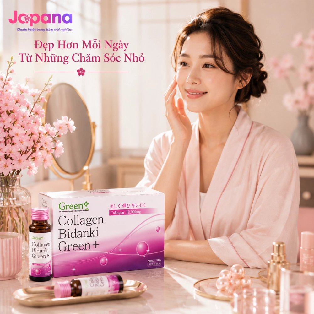 Nước uống Collagen Bidanki Green+ 12.000mg (Hộp 10 chai x 50ml) - Date 09/2026
