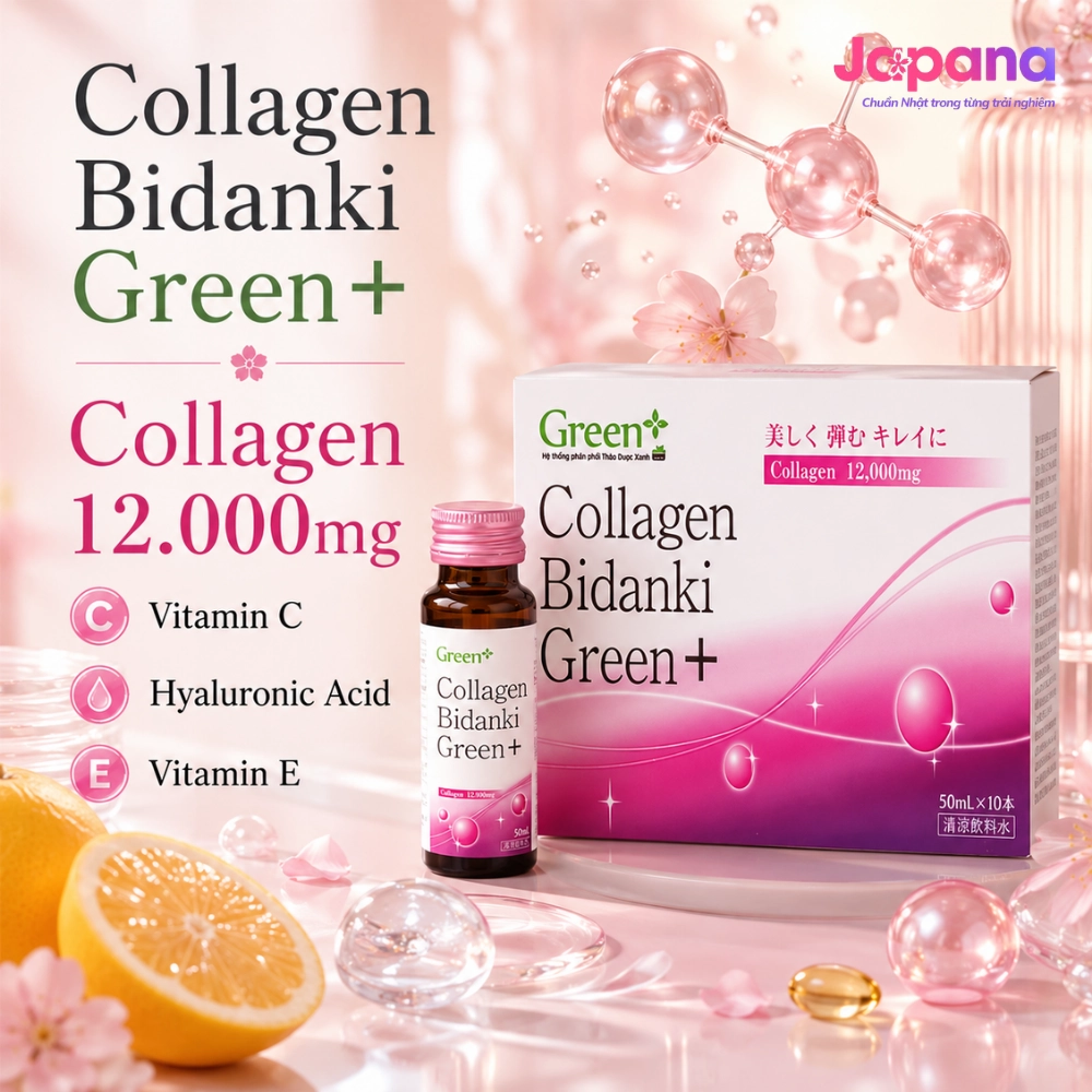 Nước uống Collagen Bidanki Green+ 12.000mg (Hộp 10 chai x 50ml) - Date 09/2026