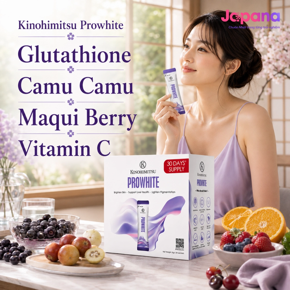 Bột uống trắng da, cải thiện đốm nâu, da xỉn màu Kinohimitsu Prowhite 8g x 30 gói (Date 09/2027)