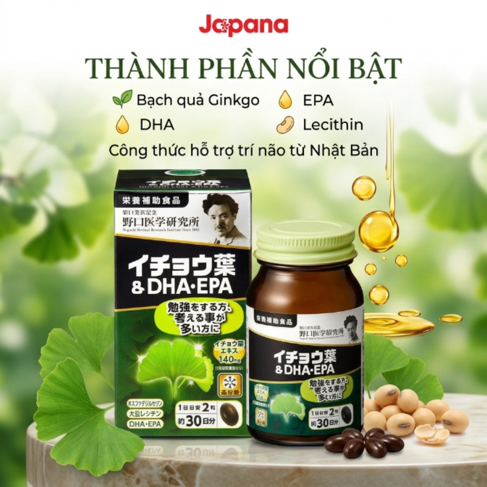 Viên uống bổ não tăng cường tuần hoàn máu Noguchi DHA EPA Ginkgo 60 viên