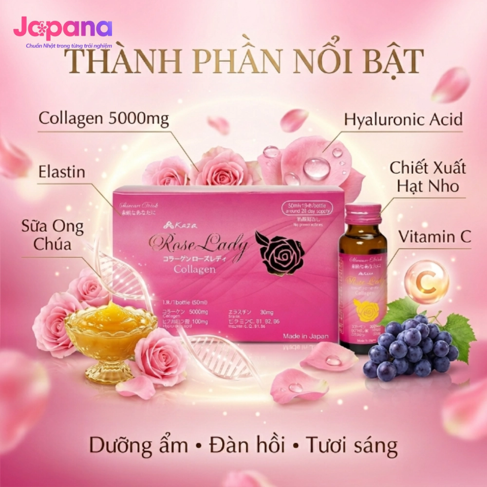 Nước uống Collagen Kaza Rose Lady 5000mg (Hộp 10 chai x 50ml)