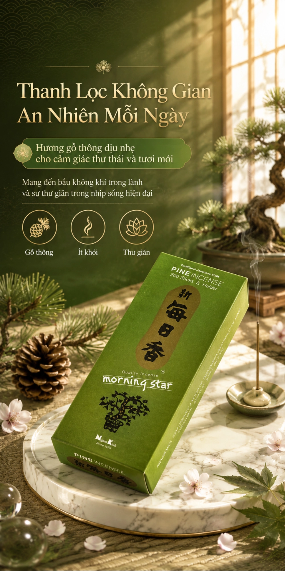Hương Nippon Kodo Morning Star Pine 200 que (Hương gỗ thông)