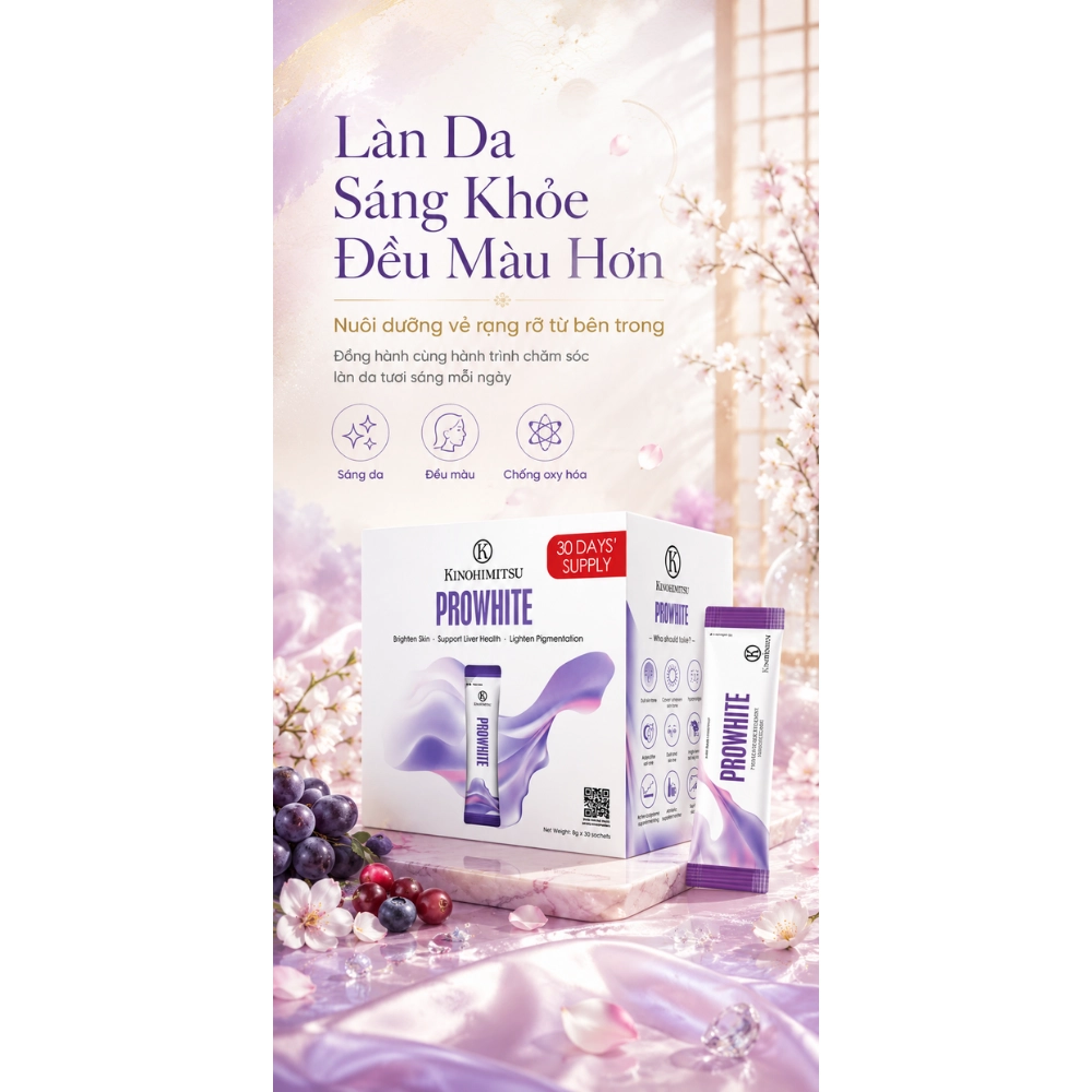 Bột uống trắng da, cải thiện đốm nâu, da xỉn màu Kinohimitsu Prowhite 8g x 30 gói (Date 09/2027)
