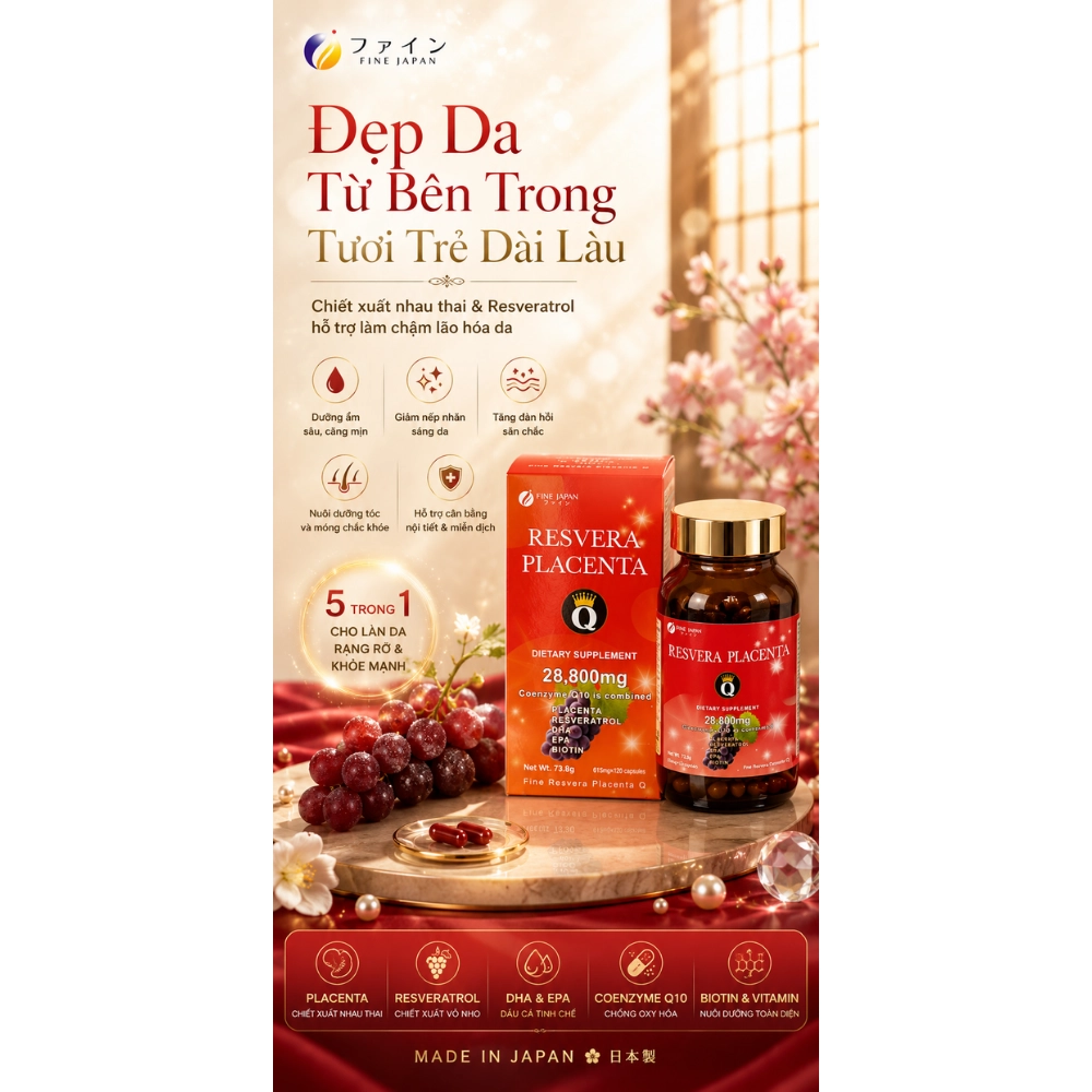 Viên uống đẹp da, làm chậm lão hóa Fine Resvera Placenta Q 120 viên - Date 12/2026