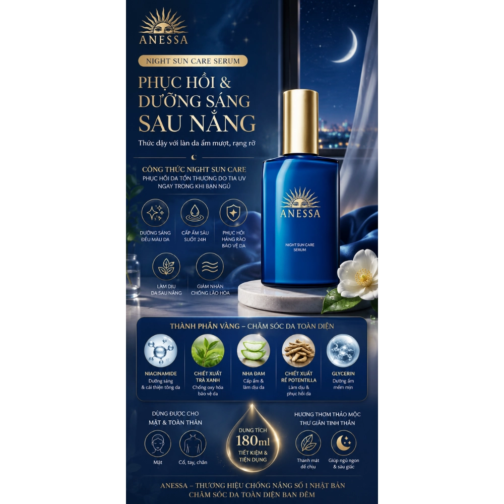 Serum dưỡng sáng và phục hồi da sau nắng Anessa Night Sun Care Serum - 180ml (Date 06/2027)