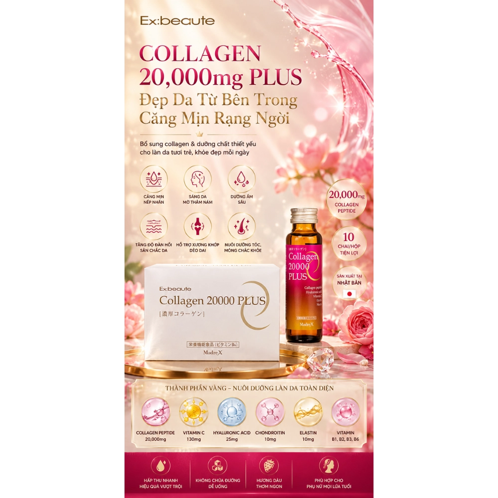 Nước uống đẹp da Collagen 20000mg Plus (Hộp 10 chai x 50ml)