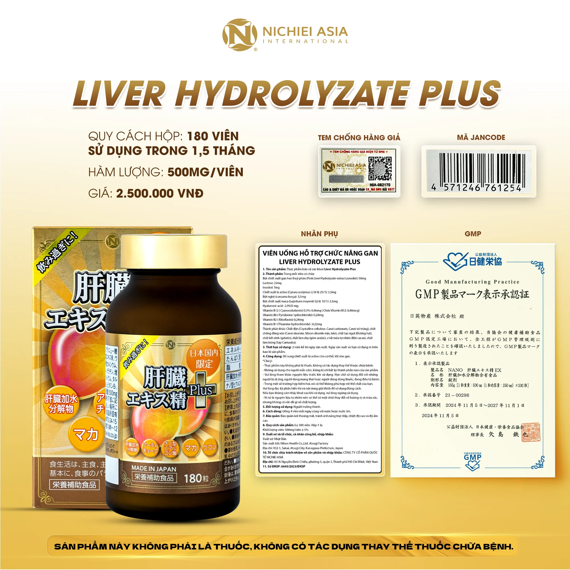 Viên uống hỗ trợ giải độc gan Nichiei Bussan Liver Hydrolyzate Plus 180 viên