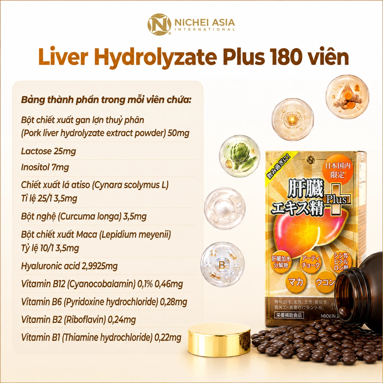 Viên uống hỗ trợ giải độc gan Nichiei Bussan Liver Hydrolyzate Plus 180 viên