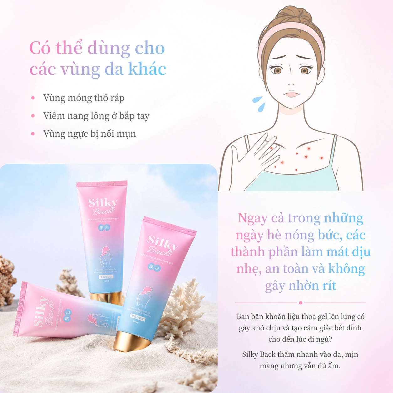 Gel làm sáng da, giảm mụn lưng Carico Silky Back Whitening & Acne Care Gel 100g