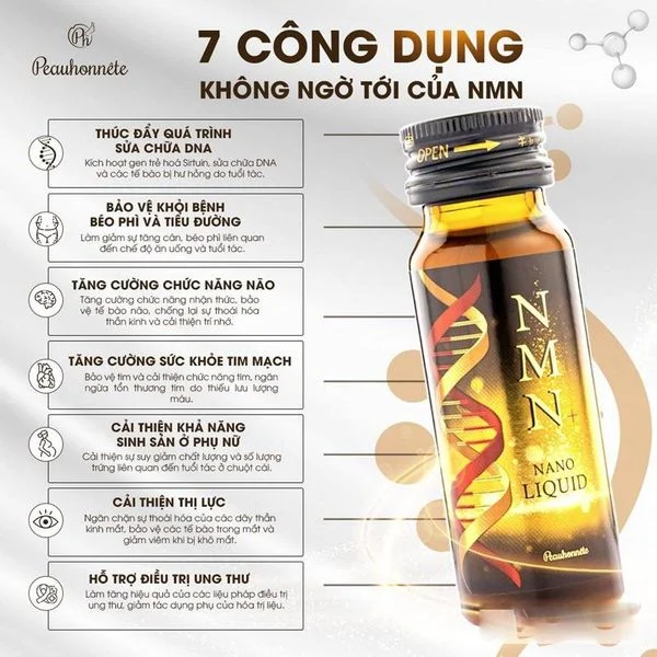 Nước uống trẻ hóa da Peauhonnete NMN+ Nano Liquid 12000 - Hộp 12 chai x 30ml - Date 12/2026