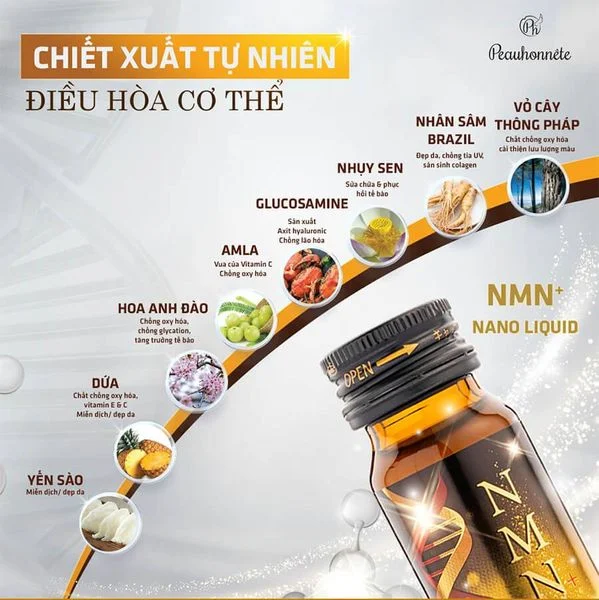 Nước uống trẻ hóa da Peauhonnete NMN+ Nano Liquid 12000 - Hộp 12 chai x 30ml - Date 12/2026