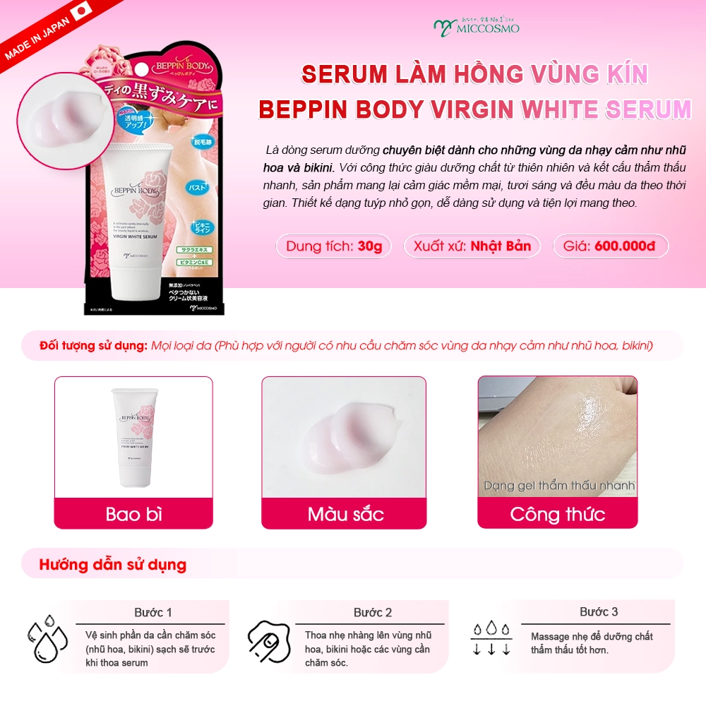 Tinh chất hỗ trợ làm hồng nhũ hoa và vùng bikini Miccosmo Beppin Body Virgin White Serum 30g