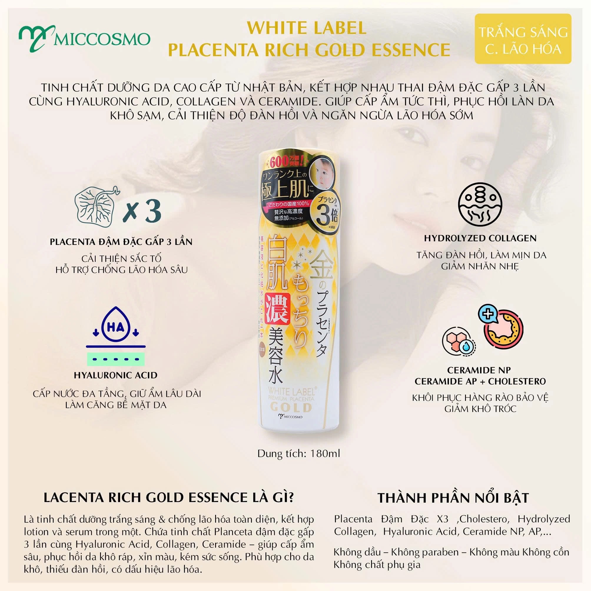 Tinh chất dưỡng sáng ngừa lão hóa Miccosmo White Label Placenta Rich Gold Essence 180ml