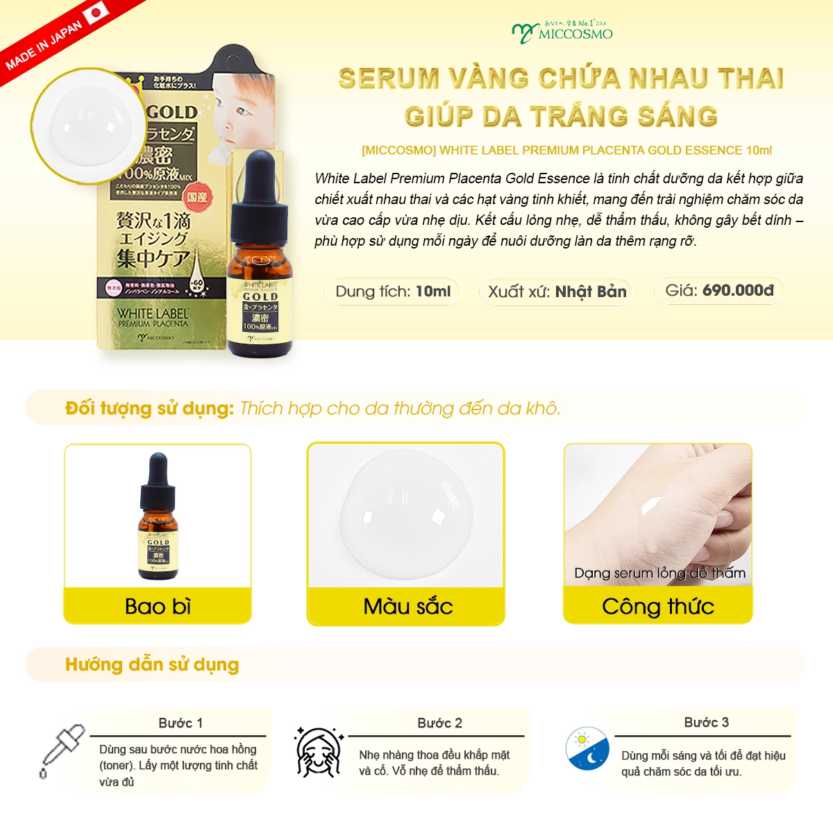 Tinh chất cô đặc ngừa lão hóa Miccosmo White Label Premiun Placenta Gold Essence 10ml