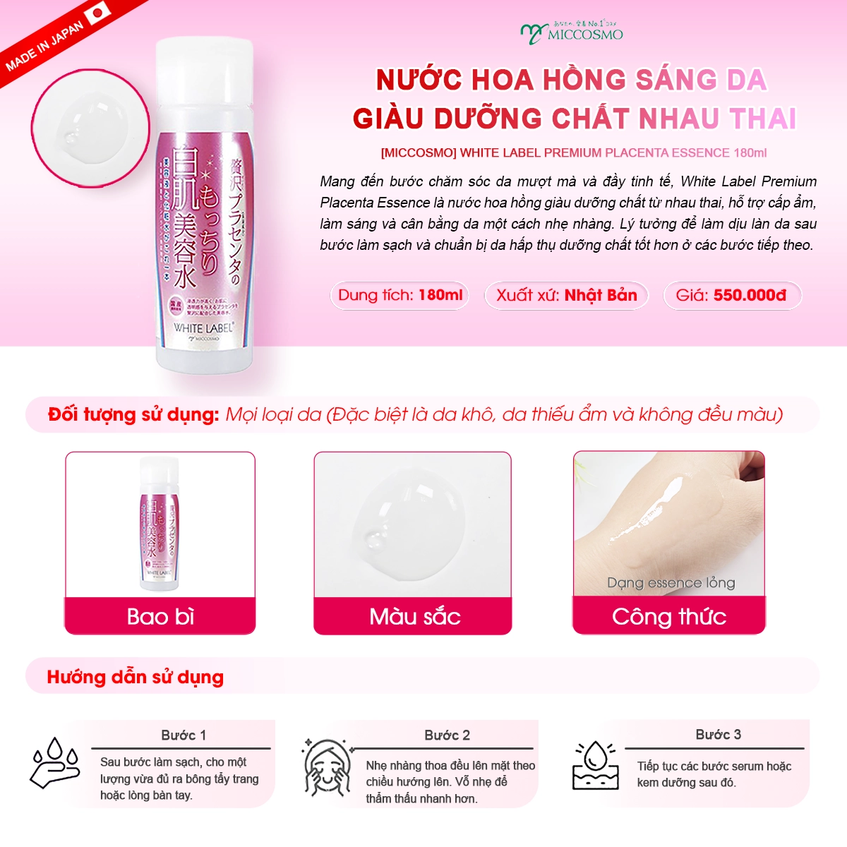 Nước hoa hồng cấp ẩm phục hồi da Miccosmo White Label Premium Placenta Essence 180ml