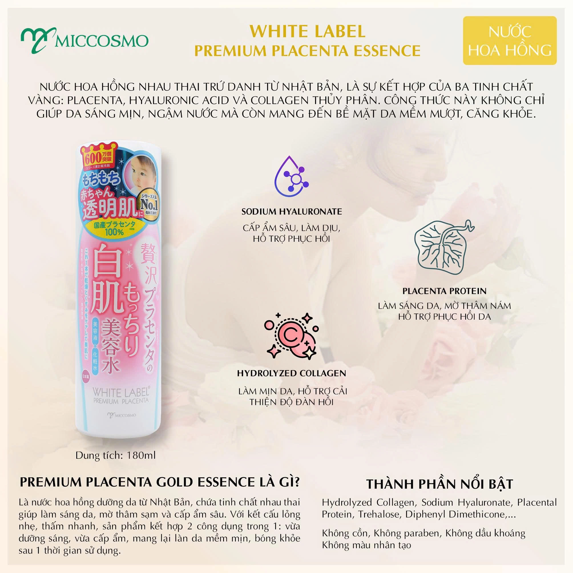 Nước hoa hồng cấp ẩm phục hồi da Miccosmo White Label Premium Placenta Essence 180ml