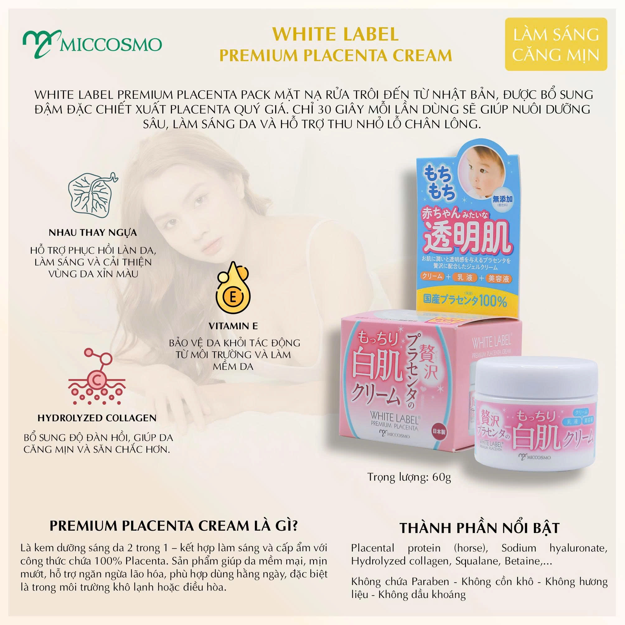 Kem dưỡng sáng da và cấp ẩm Miccosmo White Label Premium Placenta Cream 60g