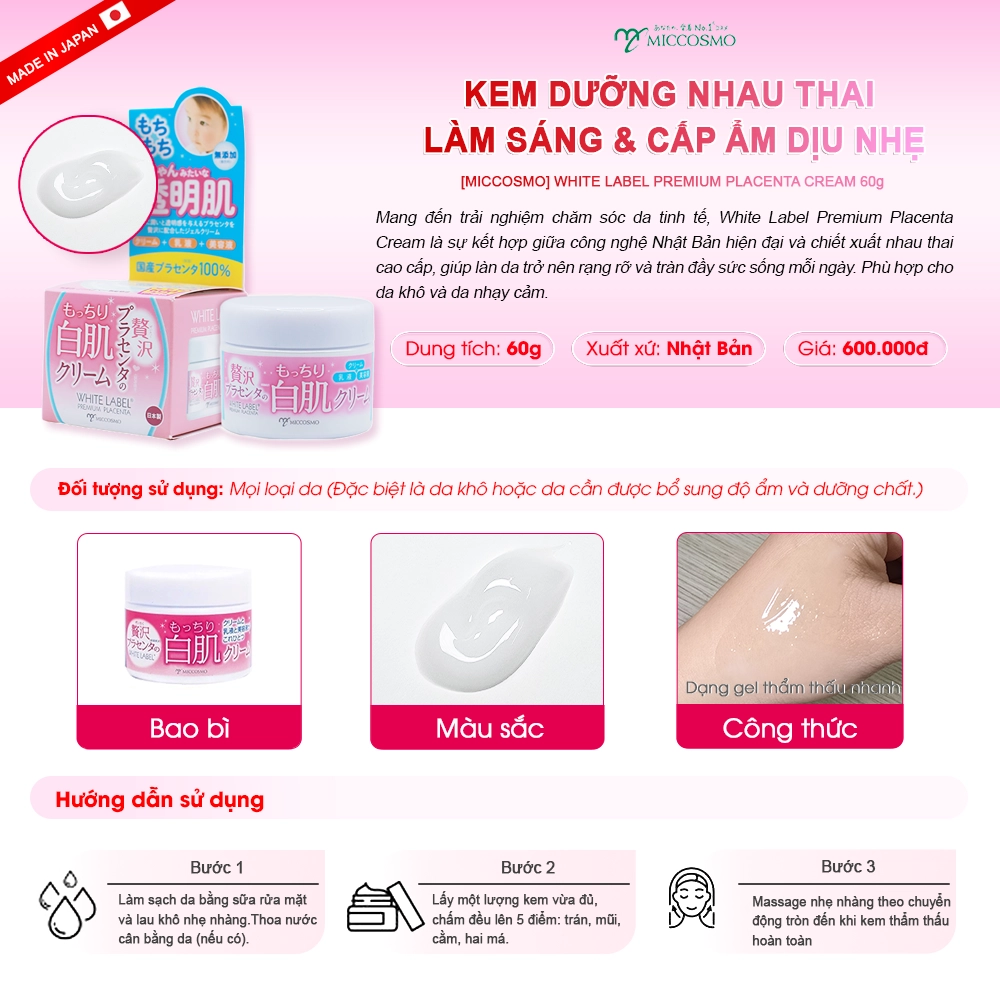 Kem dưỡng sáng da và cấp ẩm Miccosmo White Label Premium Placenta Cream 60g