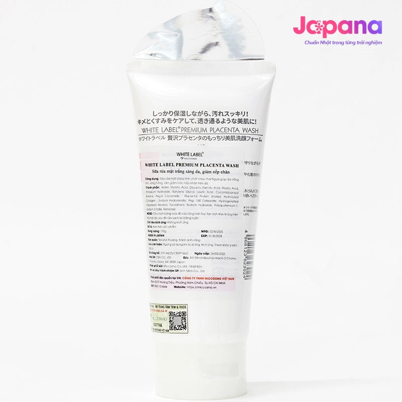 Sữa rửa mặt trắng sáng da, dưỡng ẩm Miccosmo White Label Premium Placenta Wash 110g