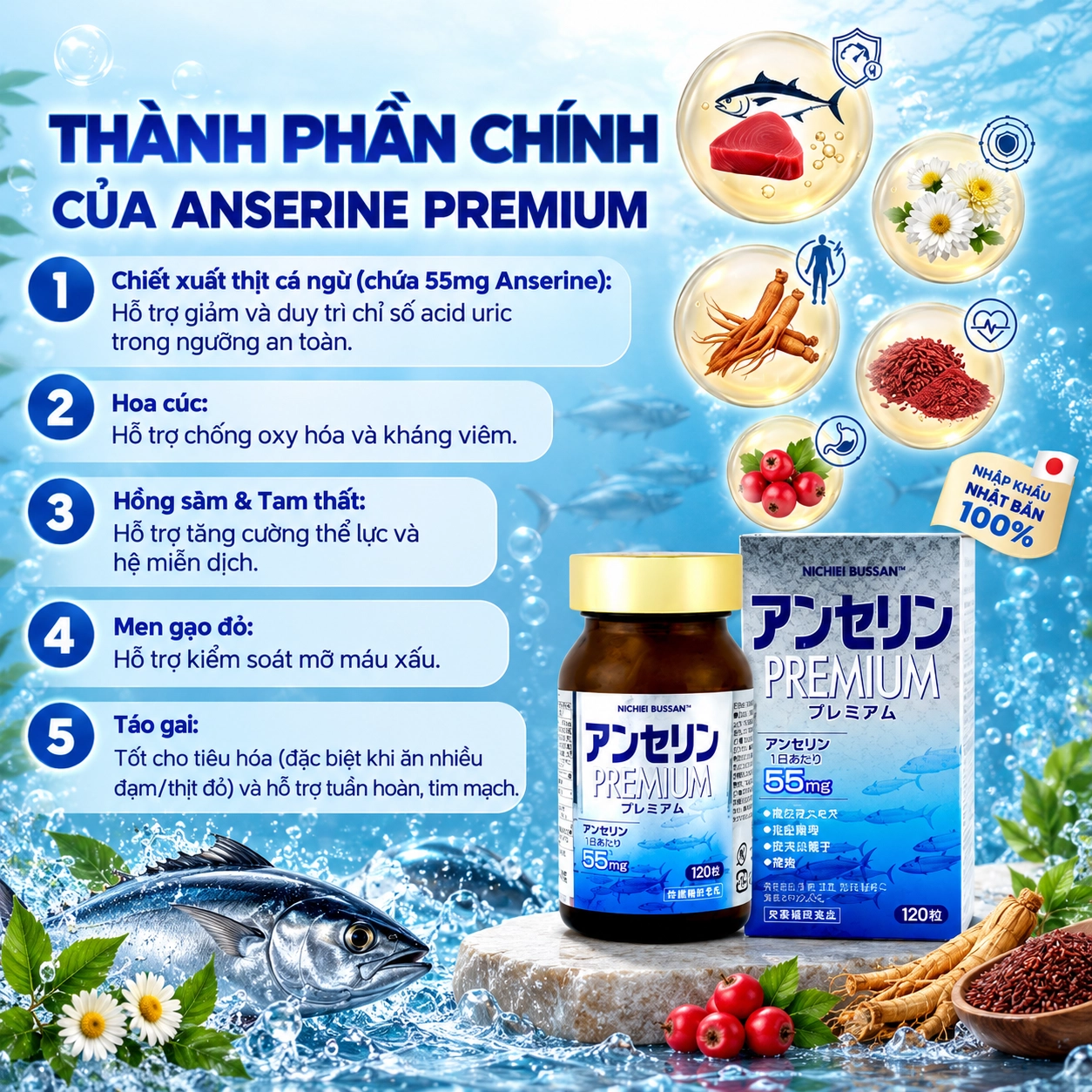 Viên uống hỗ trợ kiểm soát Acid Uric Nichiei Bussan Anserine Premium 120 viên