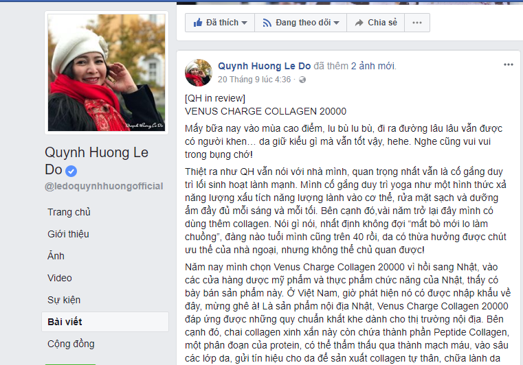 Chia sẻ của nữ MC Quỳnh Hương về Venus Charge trên trang cá nhân