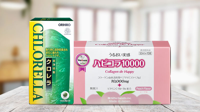 Bộ đôi duy trì năng lượng thanh xuân Collagen de Happy 10 chai và tảo lục Orihiro Clean Culture Chlorella 1400 viên