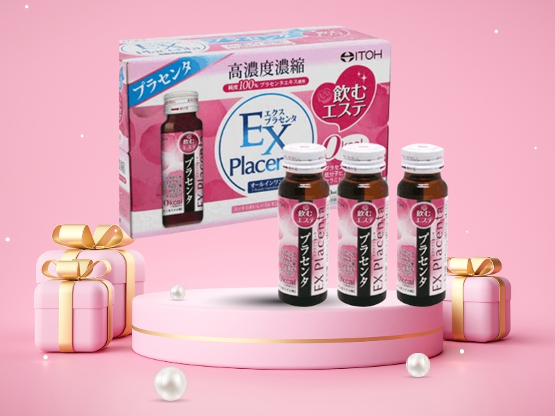 Collagen EX Placenta dạng nước thật có màu hồng nổi bật, chai được làm bằng thuỷ tinh, có nắp vặn