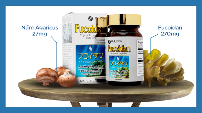 Viên uống hỗ trợ điều trị ung thư Fine Japan Fucoidan Nhật Bản chứa thành phần chính là sự kết hợp hoàn mỹ giữa hoạt chất Fucoidan tảo nâu và chiết xuất nấm Thái Dương