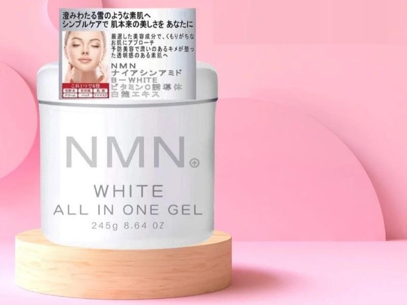 Thiết kế bao bì kem NMN với màu trắng chủ đạo và in chữ màu bạc 