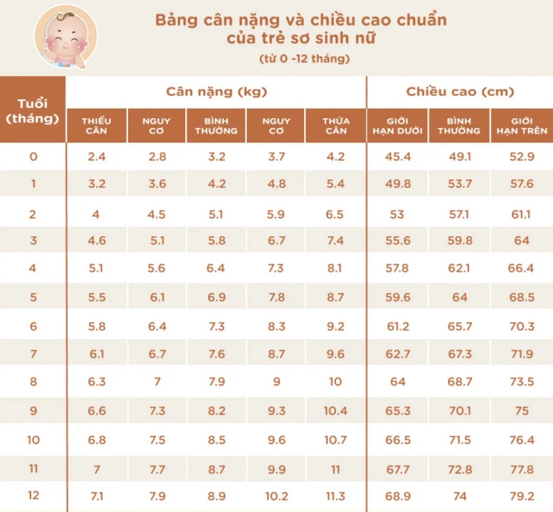 chiều cao cân nặng bé gái