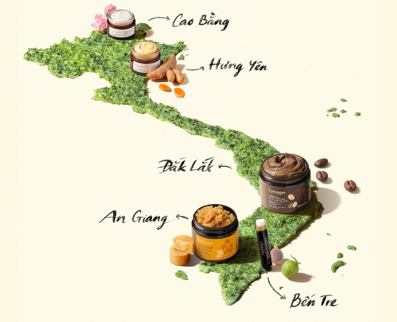 Cocoon sử dụng nguồn nguyên liệu thuần chay sẵn có từ thiên nhiên Việt Nam như dầu dừa, cà phê, nghệ, hoa hồng.
