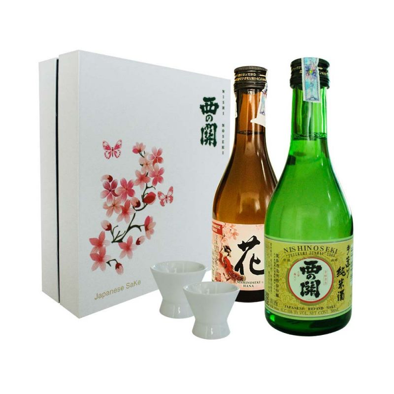 Hộp quà Tết Tấn Tài Tấn Lộc gồm có các sản phẩm là 1 chai sake Nishino Seki Hana 300ml, 1 chai sake Nishinoseki Junmai 300ml, 2 ly sứ thương hiệu Nishi no Seki