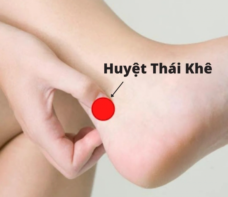 Vị trí của huyệt thái khê ở vùng lõm dưới mắt cá chân, gần gót chân