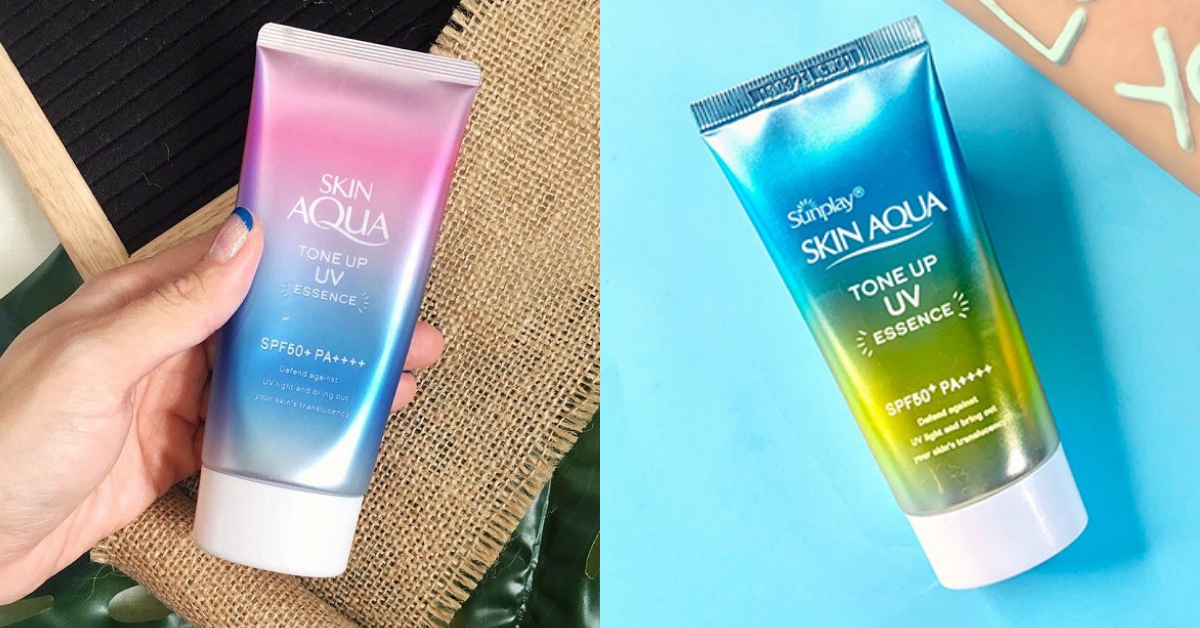 Review kem chống nắng Skin Aqua màu xanh và hồng